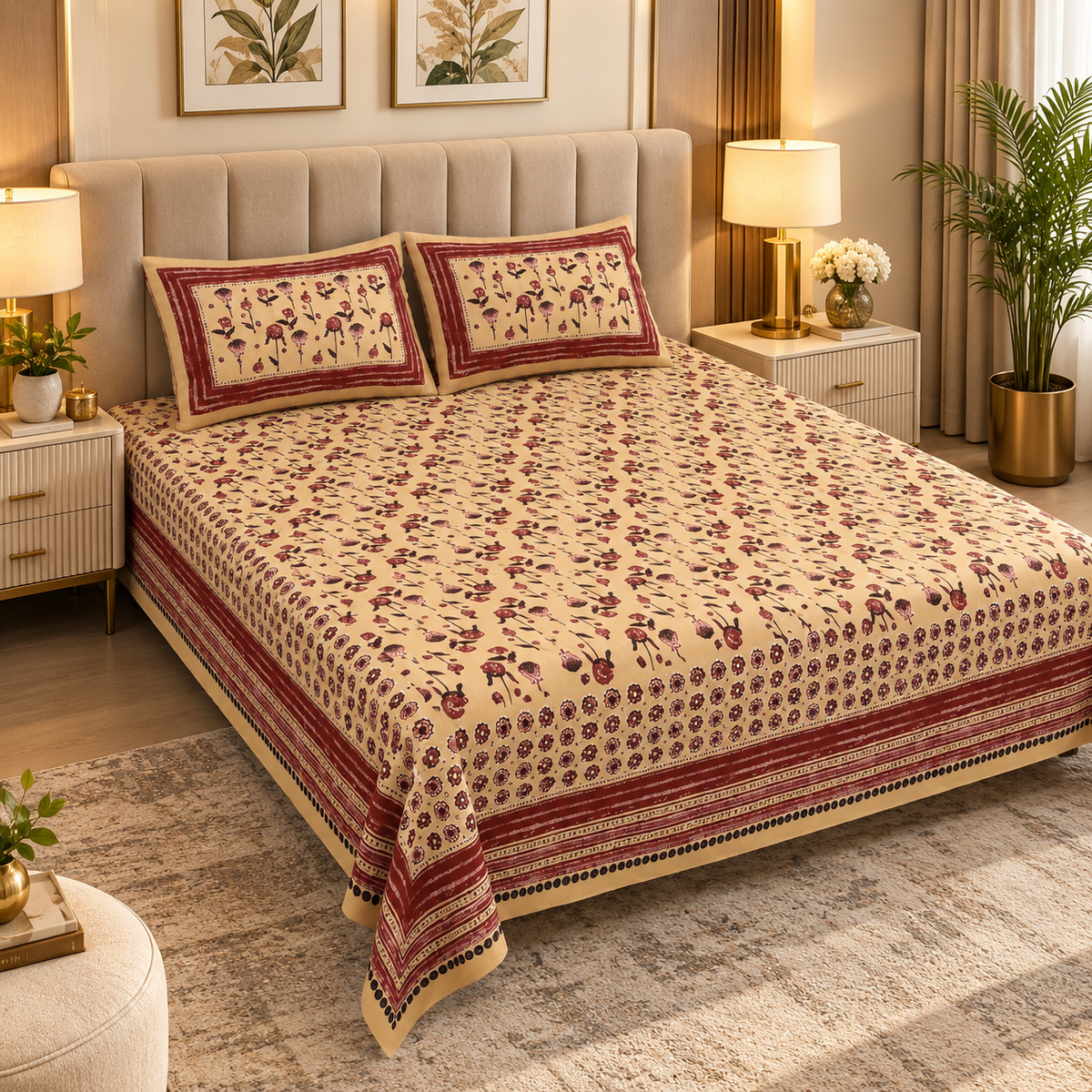 Heavenbirds 300 TC Premium Cotton Bedsheet with 2 Pillow Covers | Ultra Soft & Color Fade Resistant