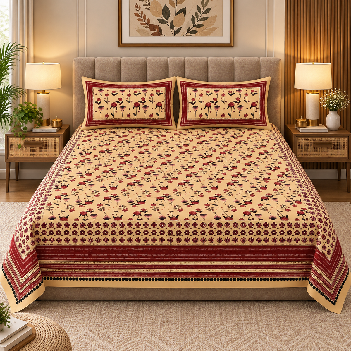 Heavenbirds 300 TC Premium Cotton Bedsheet with 2 Pillow Covers | Ultra Soft & Color Fade Resistant