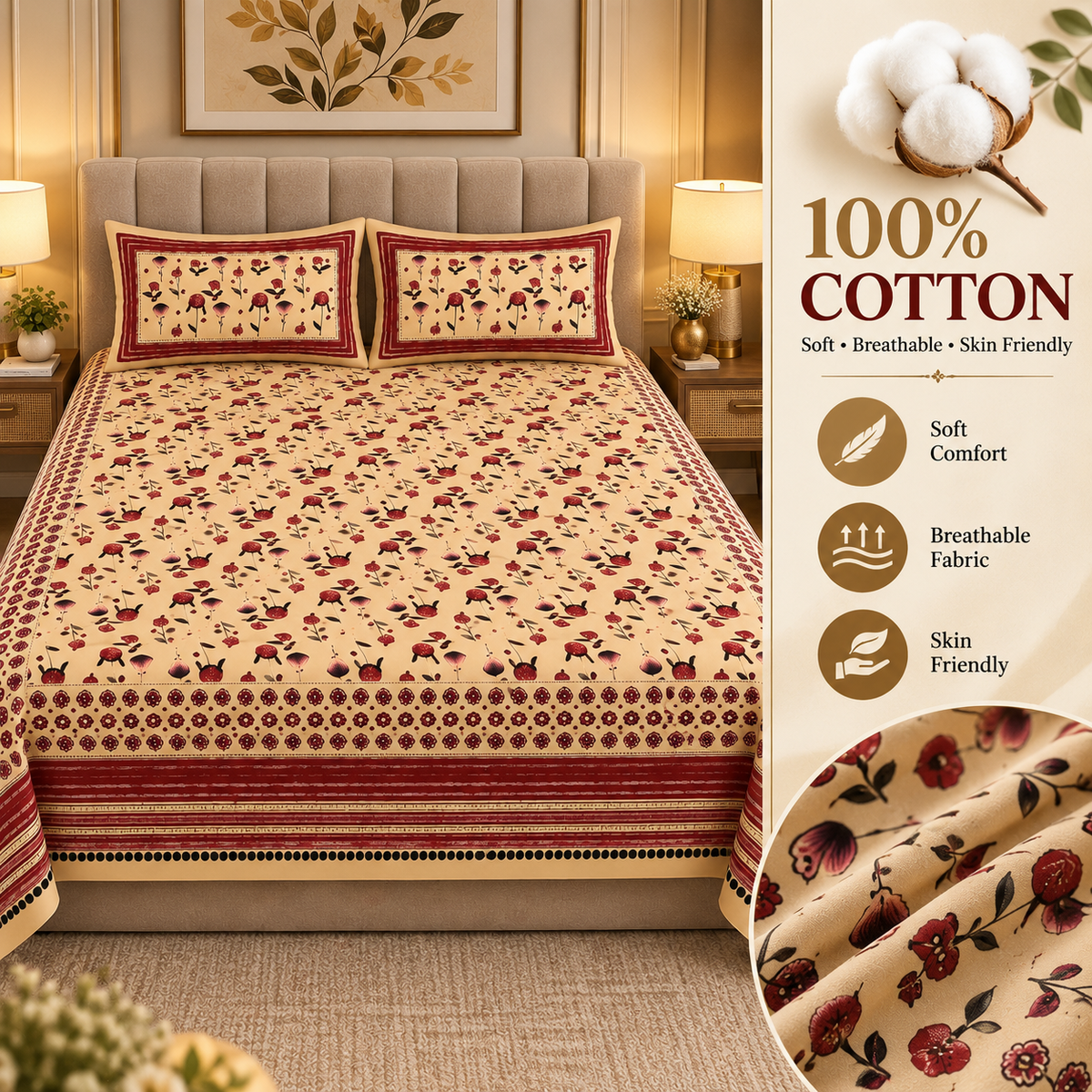Heavenbirds 300 TC Premium Cotton Bedsheet with 2 Pillow Covers | Ultra Soft & Color Fade Resistant