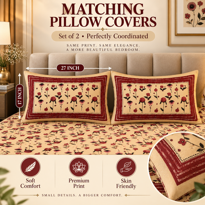 Heavenbirds 300 TC Premium Cotton Bedsheet with 2 Pillow Covers | Ultra Soft & Color Fade Resistant