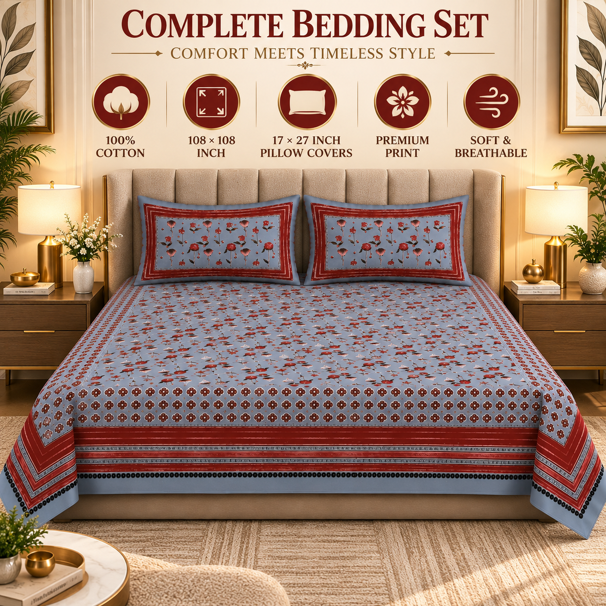 Heavenbirds 300 TC Premium Cotton Bedsheet with 2 Pillow Covers | Ultra Soft & Color Fade Resistant