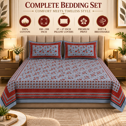 Heavenbirds 300 TC Premium Cotton Bedsheet with 2 Pillow Covers | Ultra Soft & Color Fade Resistant