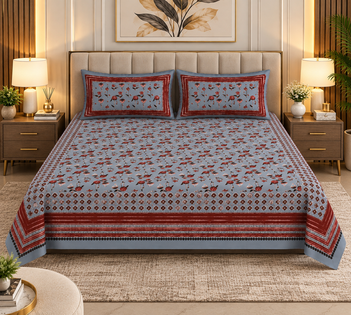Heavenbirds 300 TC Premium Cotton Bedsheet with 2 Pillow Covers | Ultra Soft & Color Fade Resistant