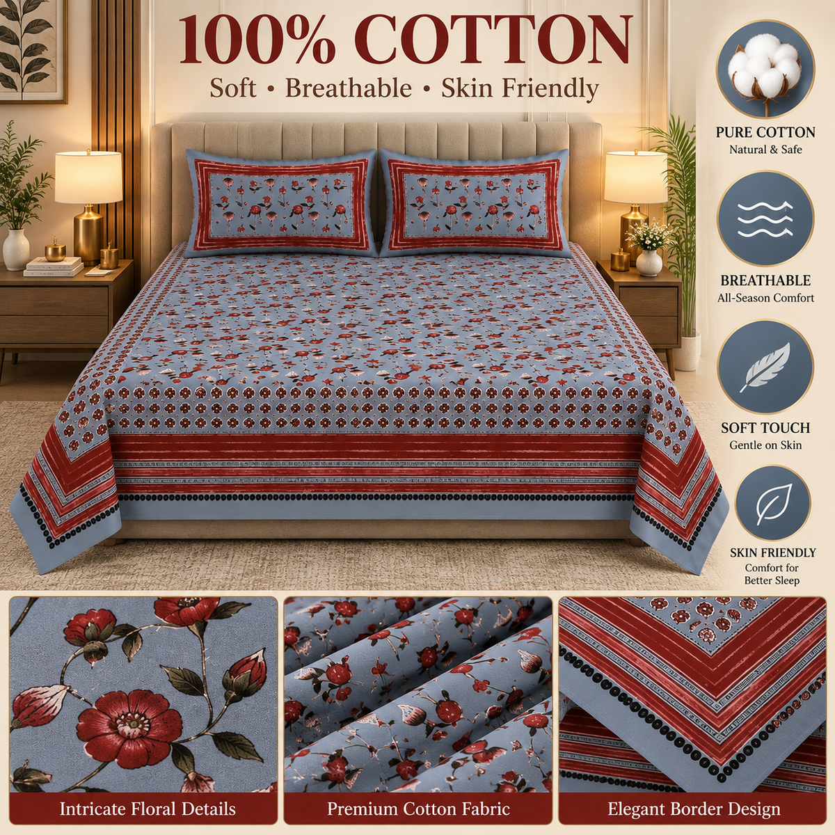 Heavenbirds 300 TC Premium Cotton Bedsheet with 2 Pillow Covers | Ultra Soft & Color Fade Resistant