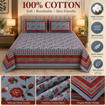 Heavenbirds 300 TC Premium Cotton Bedsheet with 2 Pillow Covers | Ultra Soft & Color Fade Resistant