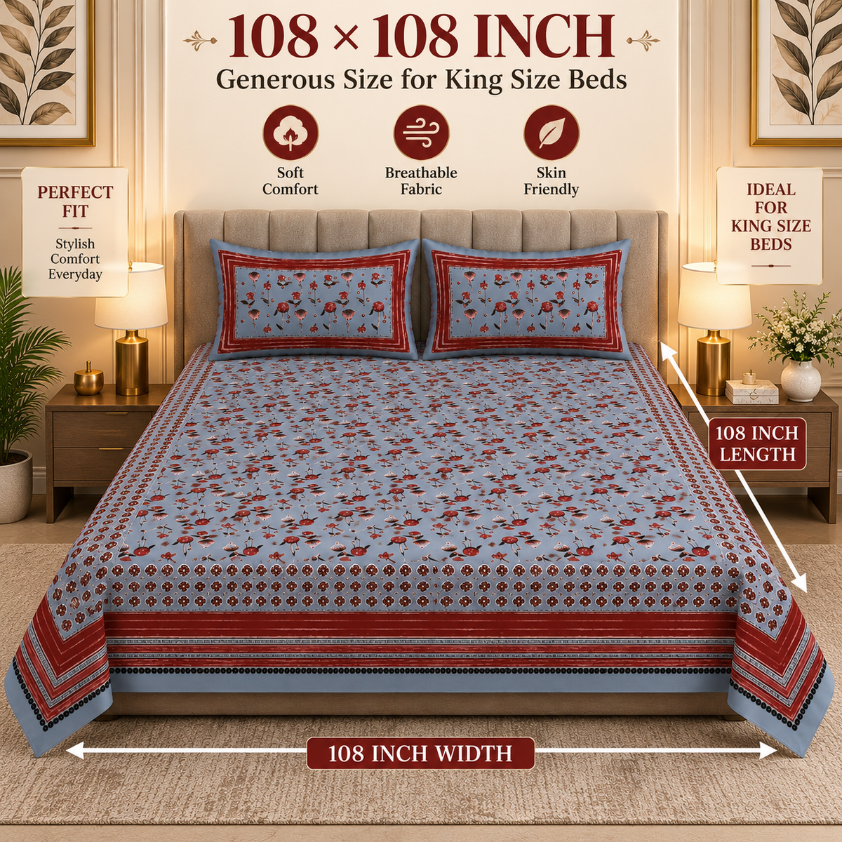 Heavenbirds 300 TC Premium Cotton Bedsheet with 2 Pillow Covers | Ultra Soft & Color Fade Resistant