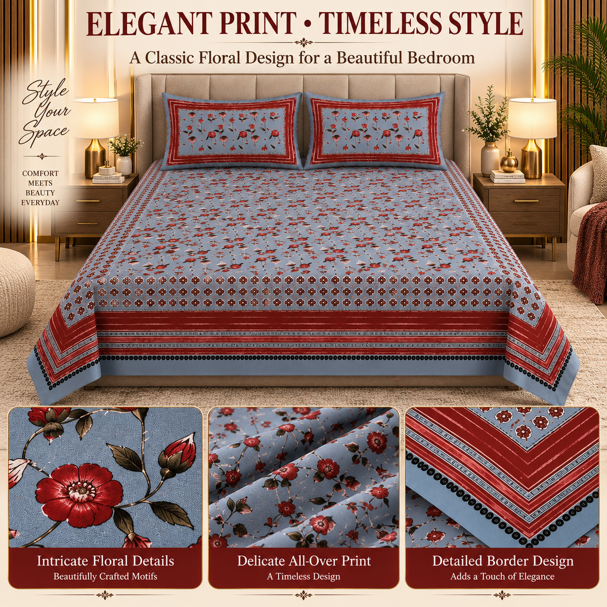 Heavenbirds 300 TC Premium Cotton Bedsheet with 2 Pillow Covers | Ultra Soft & Color Fade Resistant