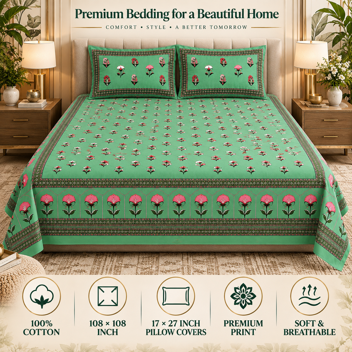 Heavenbirds 300 TC Premium Cotton Bedsheet with 2 Pillow Covers | Ultra Soft & Color Fade Resistant