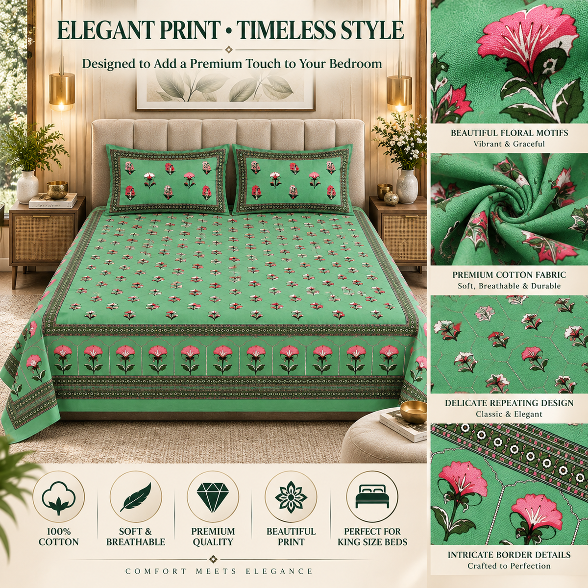 Heavenbirds 300 TC Premium Cotton Bedsheet with 2 Pillow Covers | Ultra Soft & Color Fade Resistant