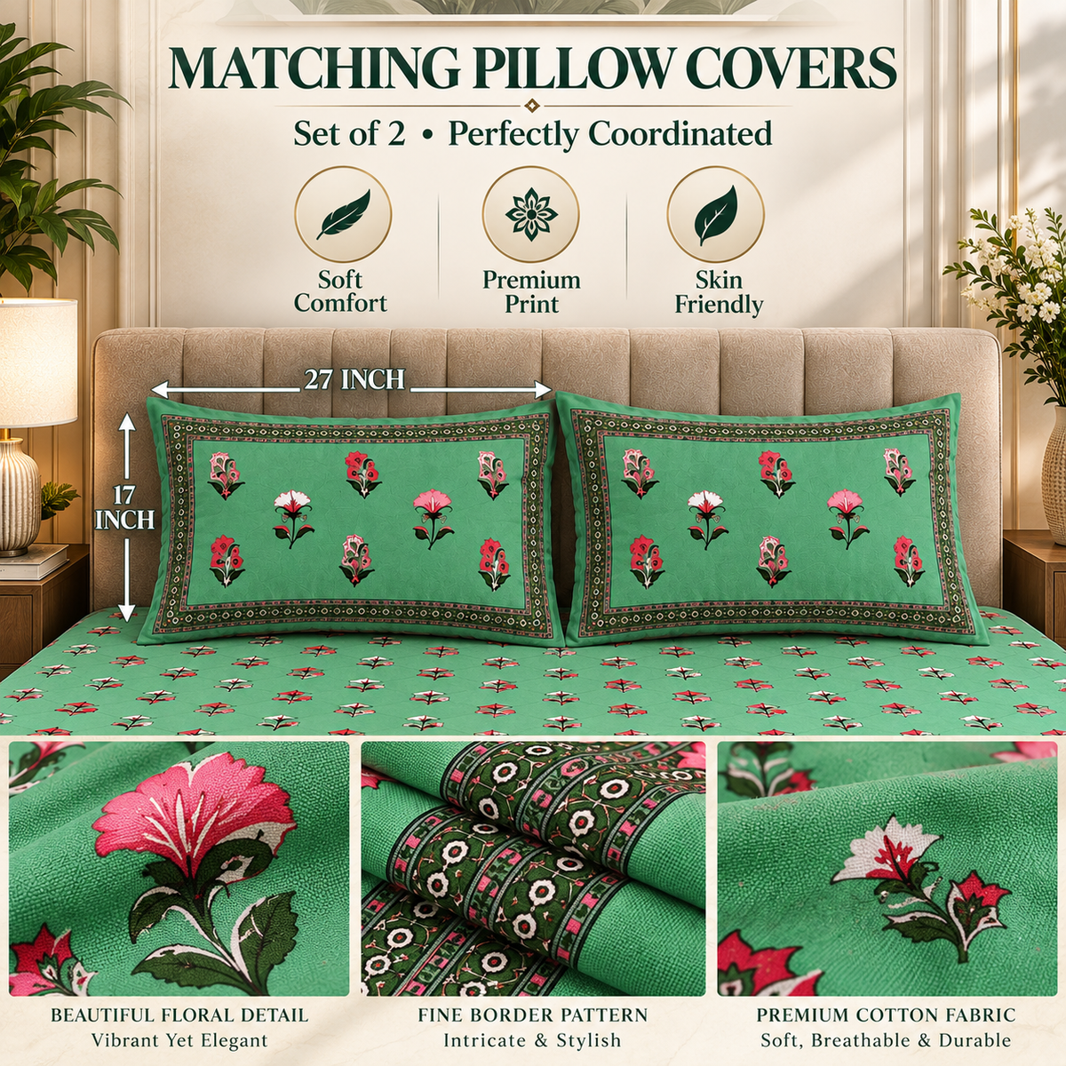 Heavenbirds 300 TC Premium Cotton Bedsheet with 2 Pillow Covers | Ultra Soft & Color Fade Resistant