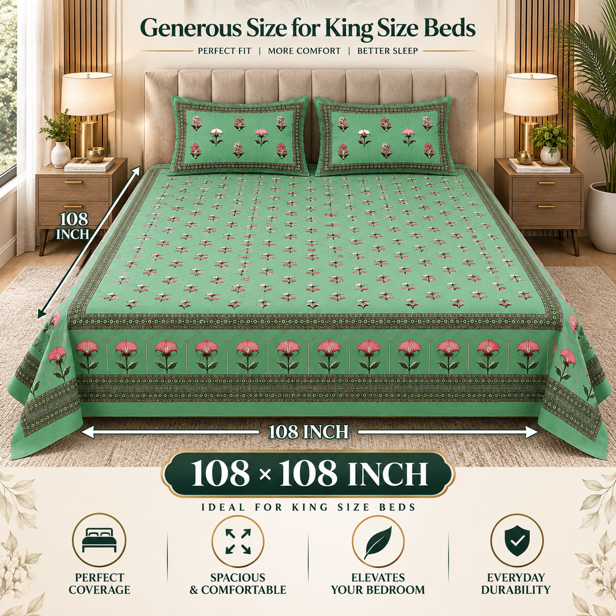 Heavenbirds 300 TC Premium Cotton Bedsheet with 2 Pillow Covers | Ultra Soft & Color Fade Resistant