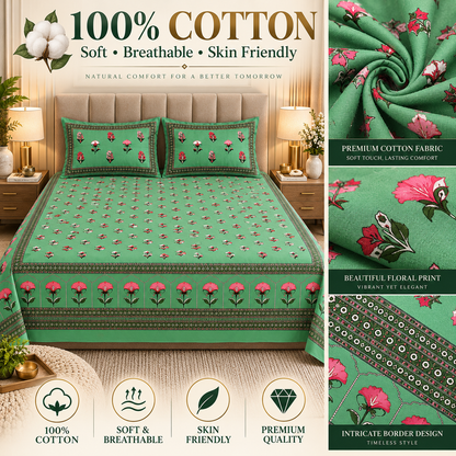 Heavenbirds 300 TC Premium Cotton Bedsheet with 2 Pillow Covers | Ultra Soft & Color Fade Resistant