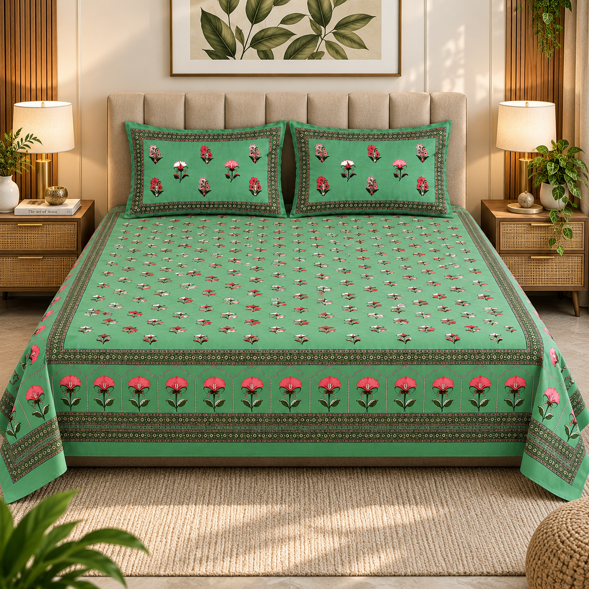 Heavenbirds 300 TC Premium Cotton Bedsheet with 2 Pillow Covers | Ultra Soft & Color Fade Resistant