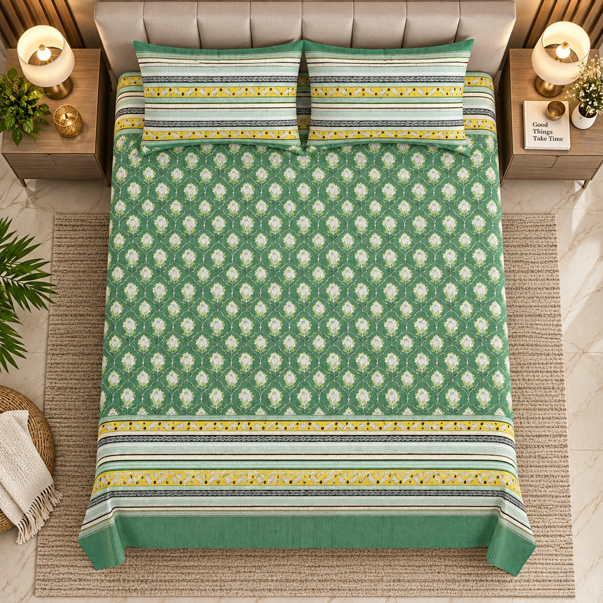 Heavenbirds 300 TC Premium Cotton Bedsheet with 2 Pillow Covers | Ultra Soft & Color Fade Resistant