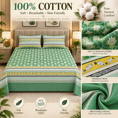 Heavenbirds 300 TC Premium Cotton Bedsheet with 2 Pillow Covers | Ultra Soft & Color Fade Resistant