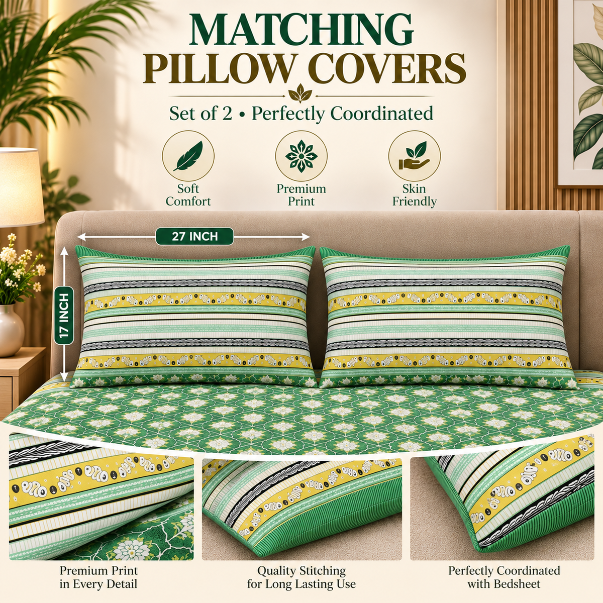 Heavenbirds 300 TC Premium Cotton Bedsheet with 2 Pillow Covers | Ultra Soft & Color Fade Resistant