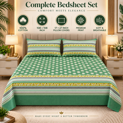 Heavenbirds 300 TC Premium Cotton Bedsheet with 2 Pillow Covers | Ultra Soft & Color Fade Resistant