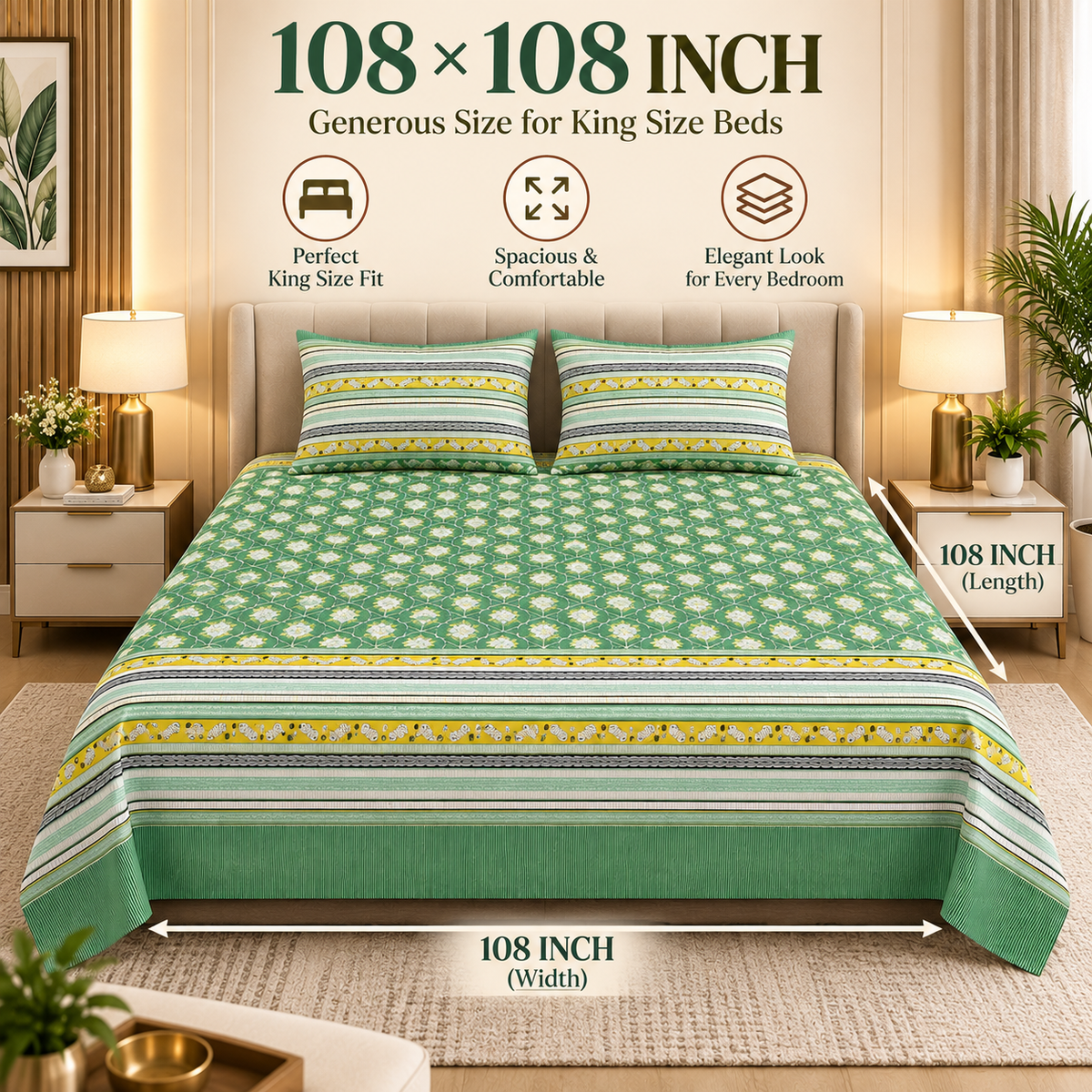 Heavenbirds 300 TC Premium Cotton Bedsheet with 2 Pillow Covers | Ultra Soft & Color Fade Resistant