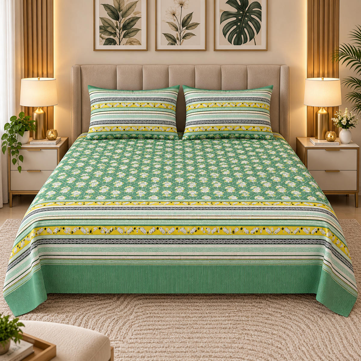 Heavenbirds 300 TC Premium Cotton Bedsheet with 2 Pillow Covers | Ultra Soft & Color Fade Resistant