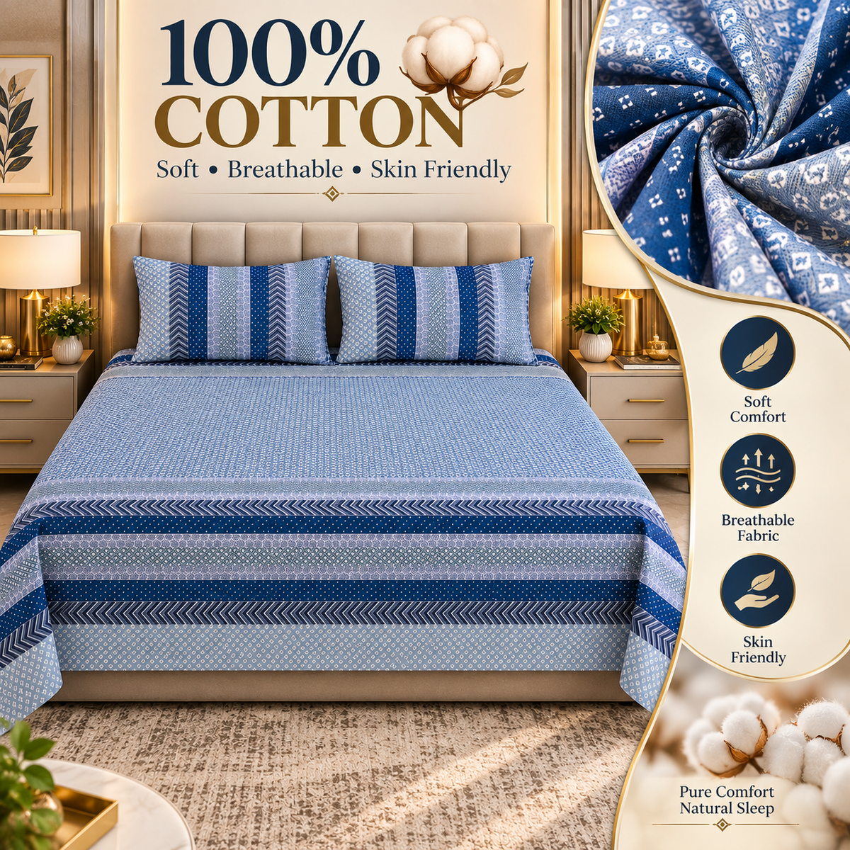 Heavenbirds Premium 300 TC Cotton Bedsheet with 2 Pillow Covers | Ultra Soft & Breathable | 100% Color Fade Guarantee | King Size Double Bedsheet for Everyday Luxury