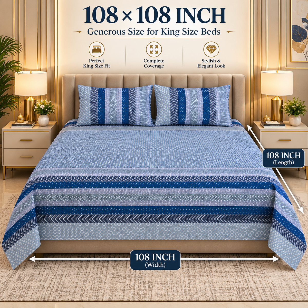 Heavenbirds Premium 300 TC Cotton Bedsheet with 2 Pillow Covers | Ultra Soft & Breathable | 100% Color Fade Guarantee | King Size Double Bedsheet for Everyday Luxury