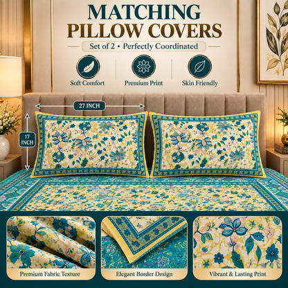 Heavenbirds 300 TC Premium Cotton Bedsheet with 2 Pillow Covers | Ultra Soft & Color Fade Resistant