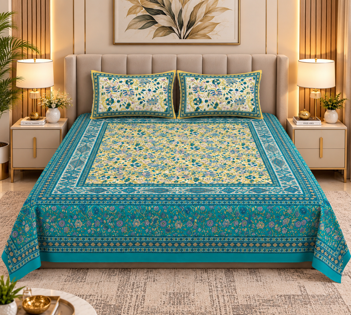 Heavenbirds 300 TC Premium Cotton Bedsheet with 2 Pillow Covers | Ultra Soft & Color Fade Resistant