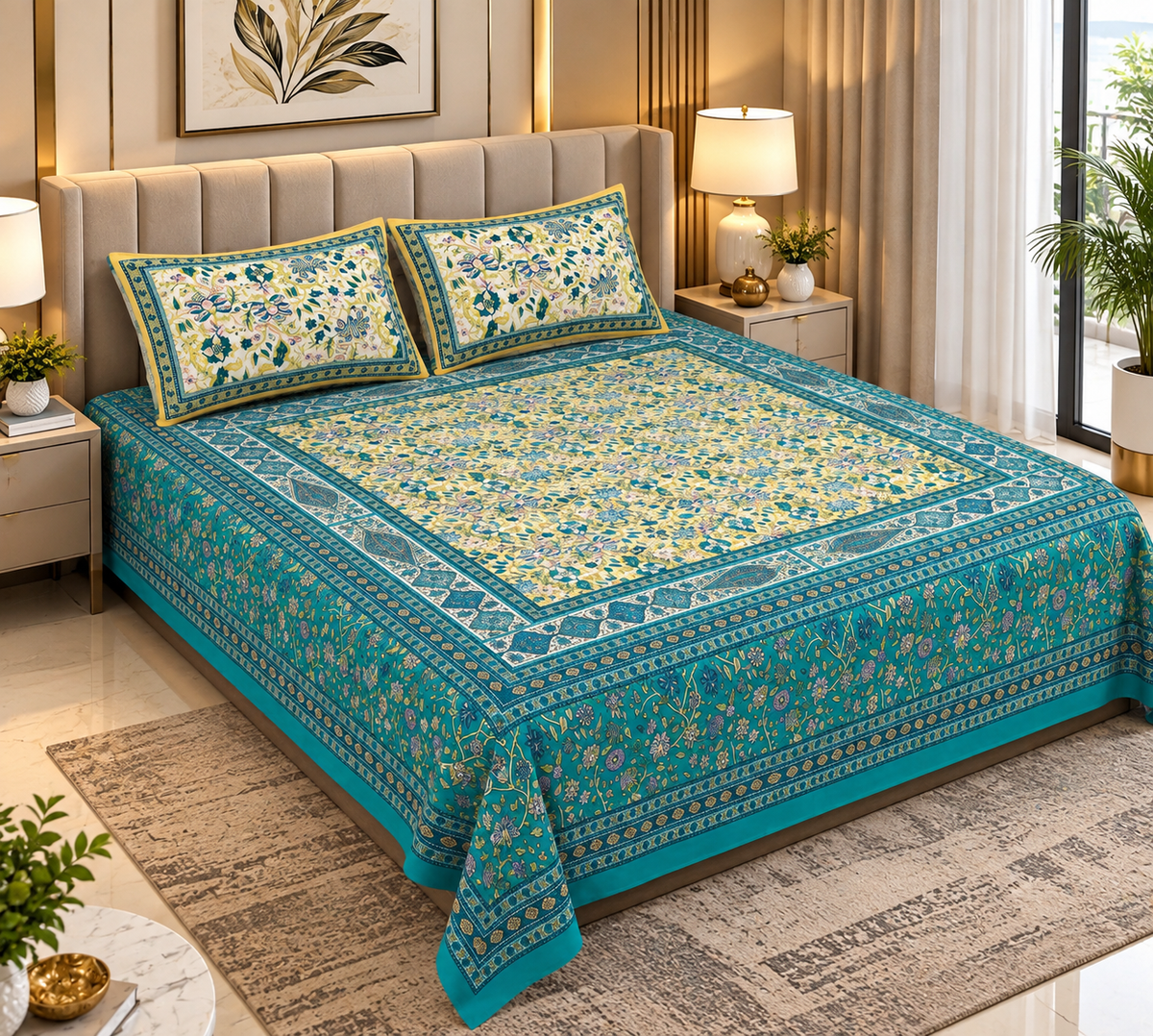Heavenbirds 300 TC Premium Cotton Bedsheet with 2 Pillow Covers | Ultra Soft & Color Fade Resistant