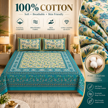 Heavenbirds 300 TC Premium Cotton Bedsheet with 2 Pillow Covers | Ultra Soft & Color Fade Resistant
