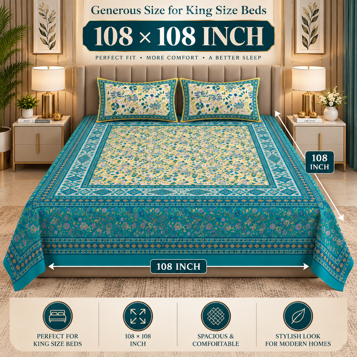 Heavenbirds 300 TC Premium Cotton Bedsheet with 2 Pillow Covers | Ultra Soft & Color Fade Resistant