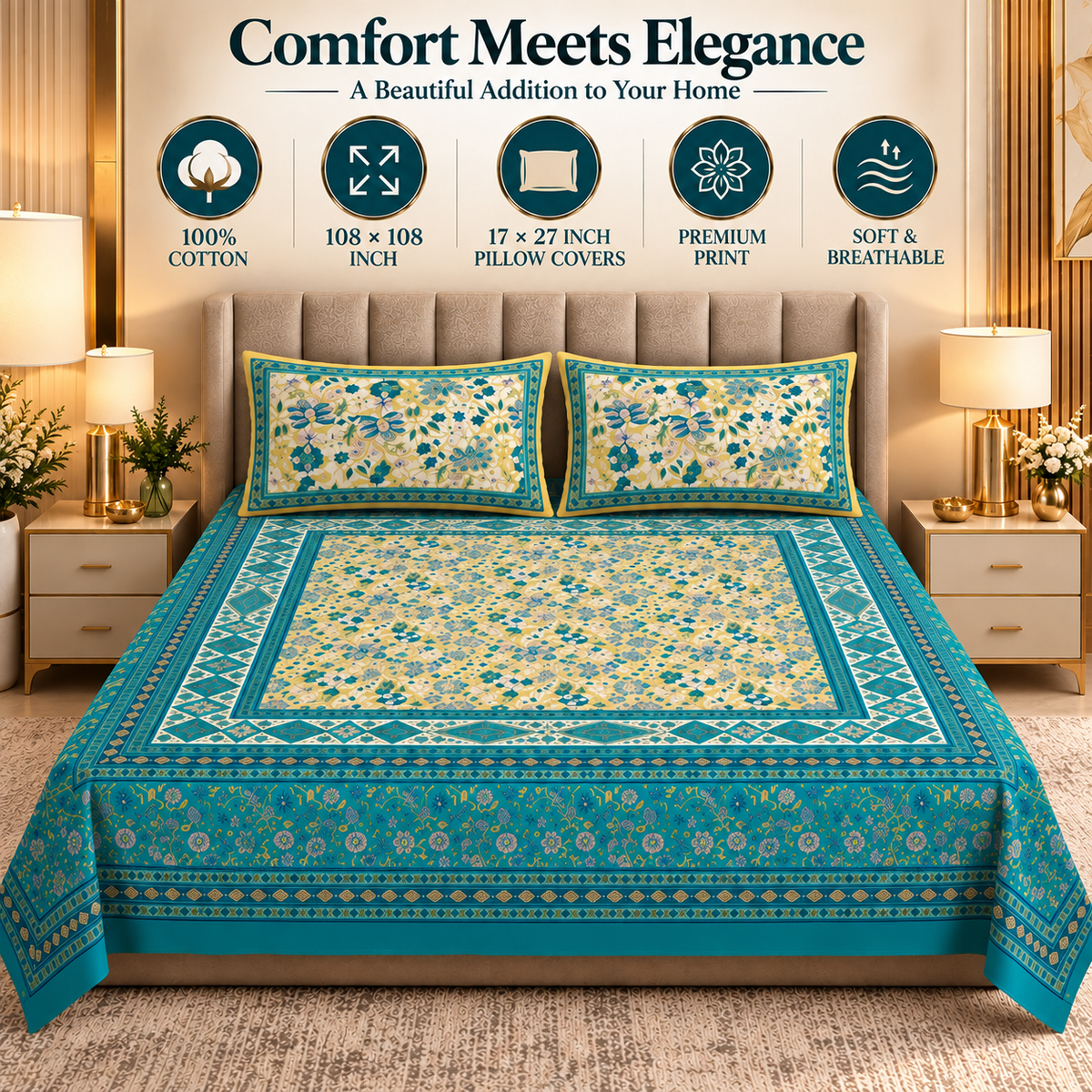 Heavenbirds 300 TC Premium Cotton Bedsheet with 2 Pillow Covers | Ultra Soft & Color Fade Resistant