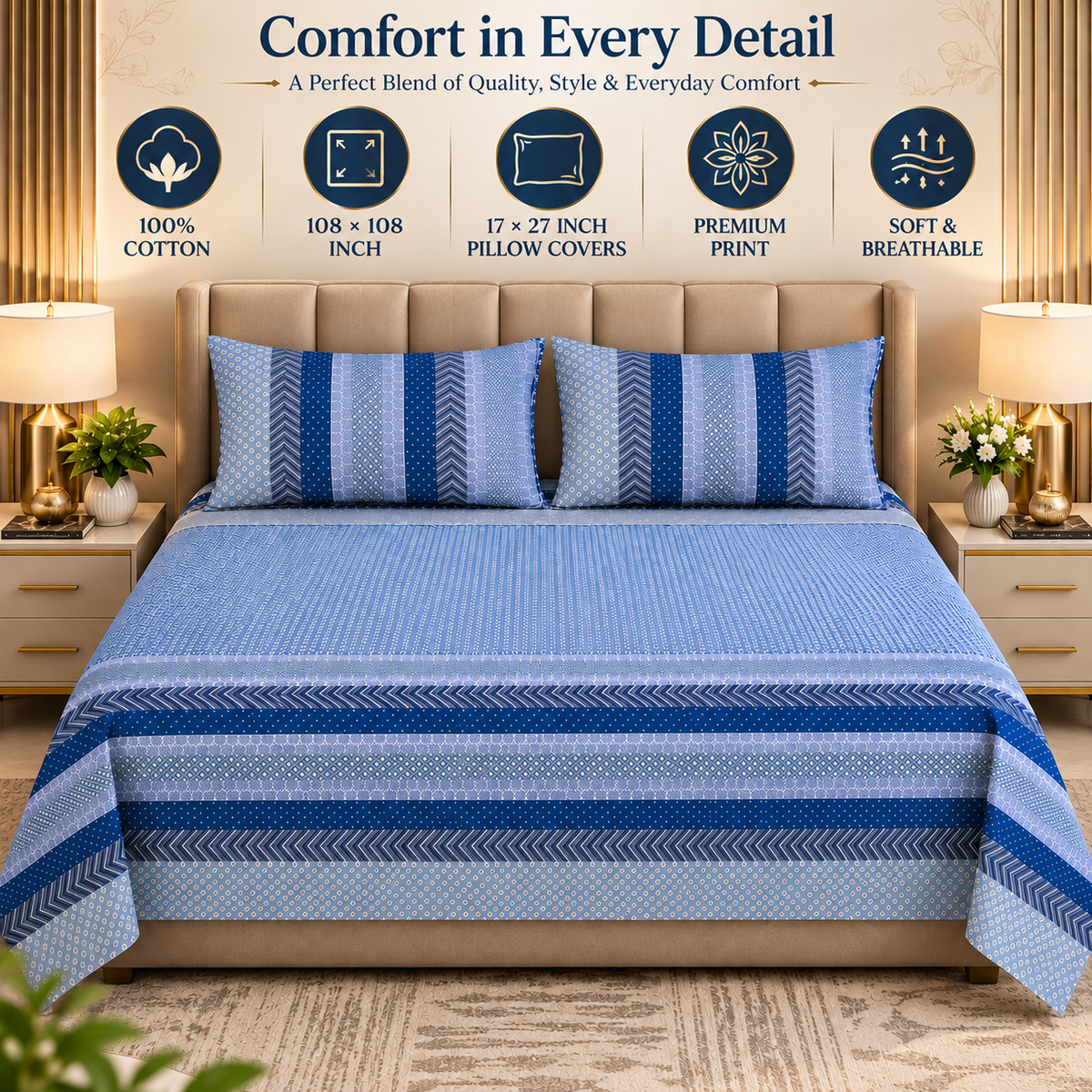 Heavenbirds Premium 300 TC Cotton Bedsheet with 2 Pillow Covers | Ultra Soft & Breathable | 100% Color Fade Guarantee | King Size Double Bedsheet for Everyday Luxury