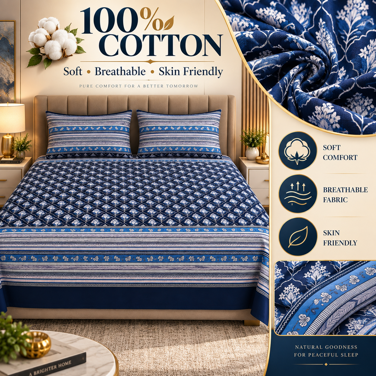 Heavenbirds 300 TC Premium Cotton Bedsheet with 2 Pillow Covers | Ultra Soft & Color Fade Resistant