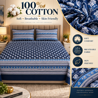Heavenbirds 300 TC Premium Cotton Bedsheet with 2 Pillow Covers | Ultra Soft & Color Fade Resistant