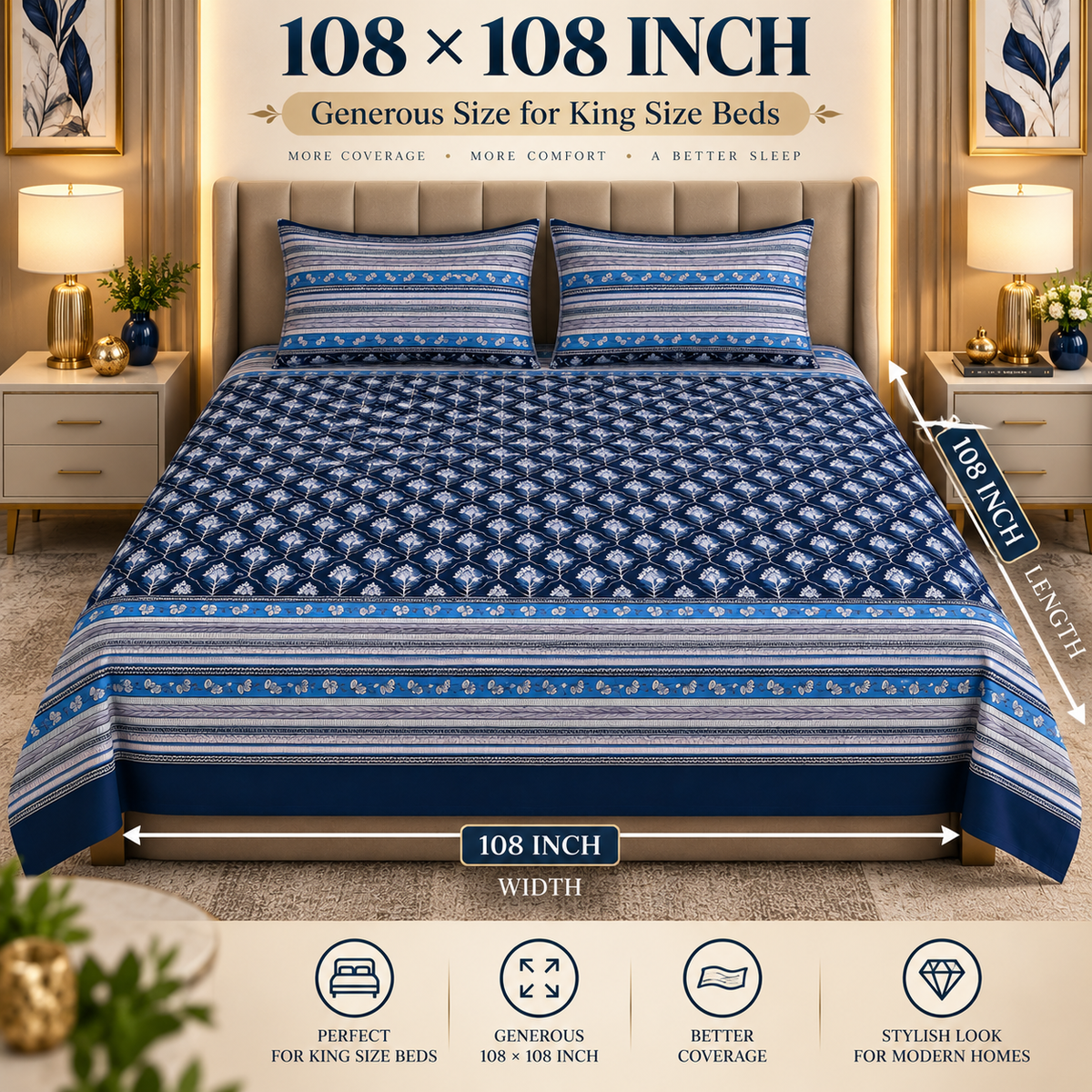 Heavenbirds 300 TC Premium Cotton Bedsheet with 2 Pillow Covers | Ultra Soft & Color Fade Resistant