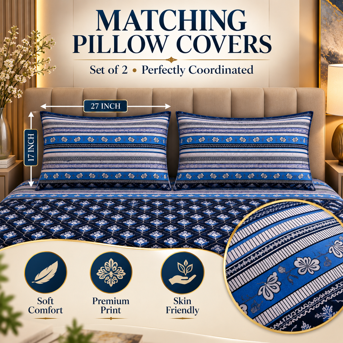 Heavenbirds 300 TC Premium Cotton Bedsheet with 2 Pillow Covers | Ultra Soft & Color Fade Resistant