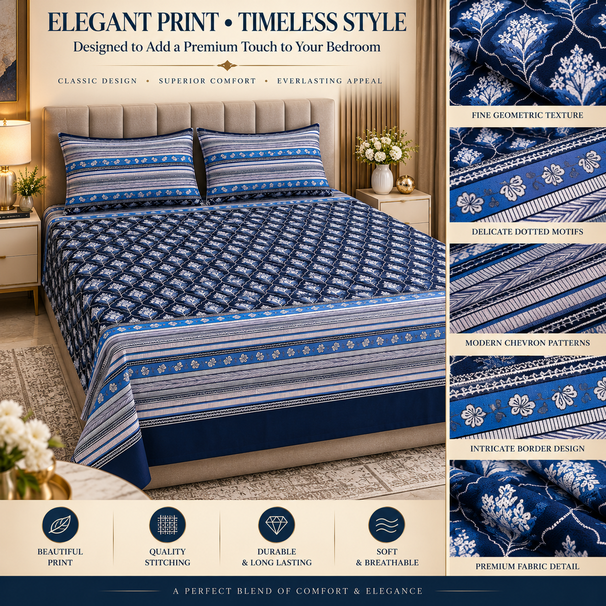 Heavenbirds 300 TC Premium Cotton Bedsheet with 2 Pillow Covers | Ultra Soft & Color Fade Resistant