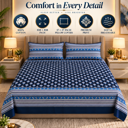 Heavenbirds 300 TC Premium Cotton Bedsheet with 2 Pillow Covers | Ultra Soft & Color Fade Resistant