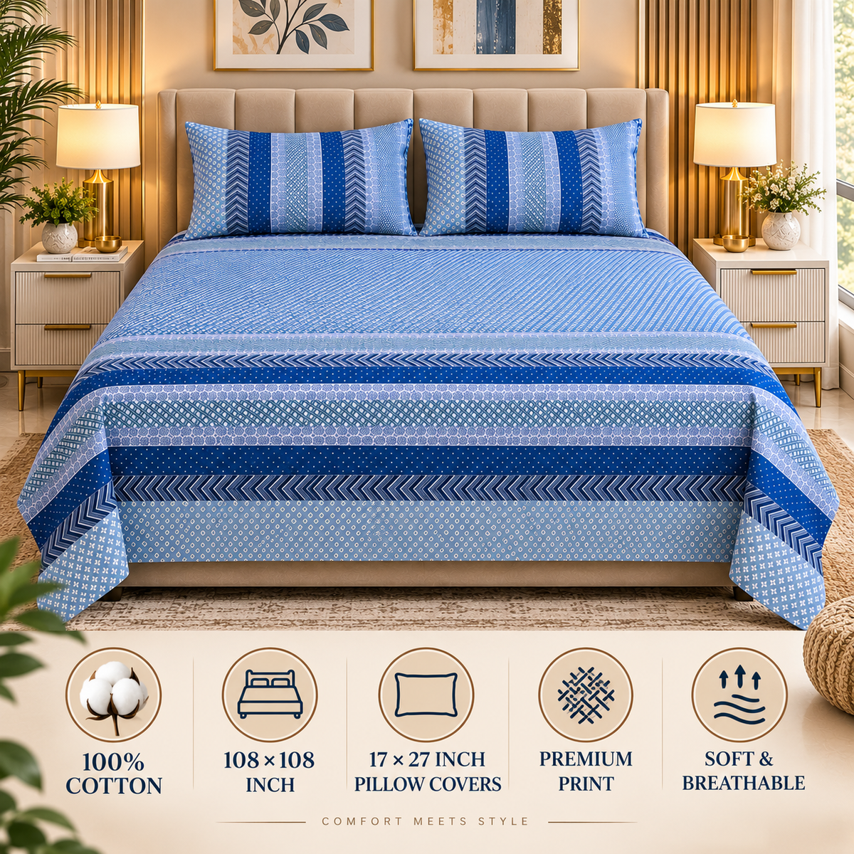 Heavenbirds 300 TC Premium Cotton Bedsheet with 2 Pillow Covers | Ultra Soft & Color Fade Resistant