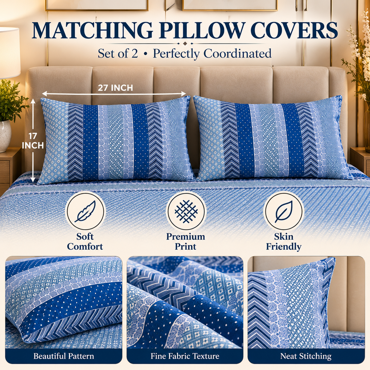 Heavenbirds 300 TC Premium Cotton Bedsheet with 2 Pillow Covers | Ultra Soft & Color Fade Resistant