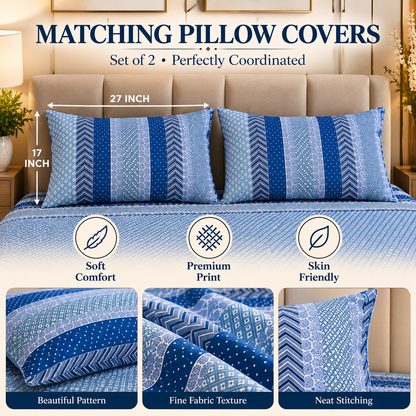 Heavenbirds 300 TC Premium Cotton Bedsheet with 2 Pillow Covers | Ultra Soft & Color Fade Resistant