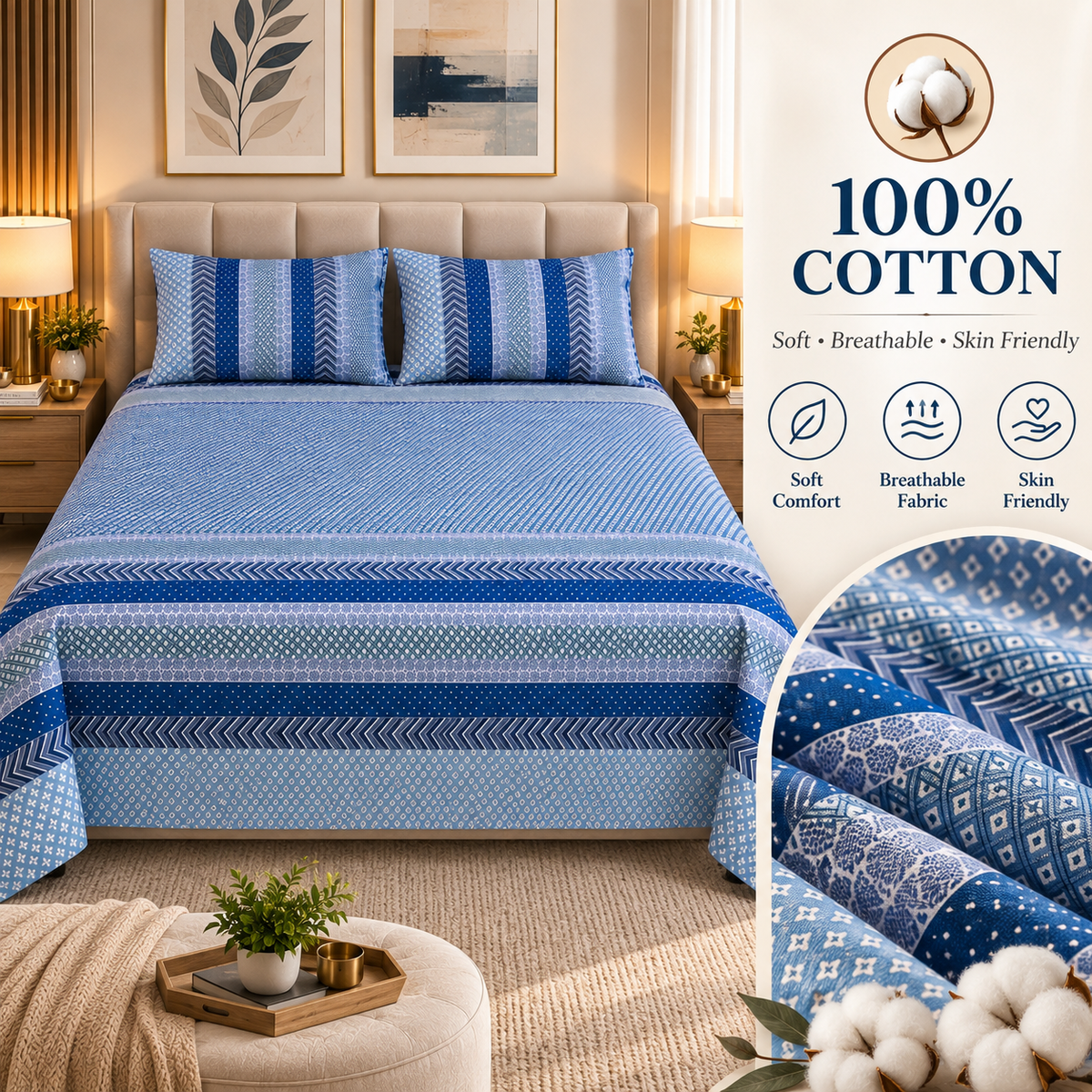 Heavenbirds 300 TC Premium Cotton Bedsheet with 2 Pillow Covers | Ultra Soft & Color Fade Resistant