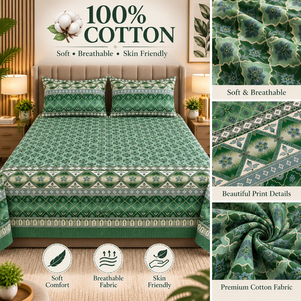 Heavenbirds 300 TC Premium Cotton Bedsheet with 2 Pillow Covers | Ultra Soft & Color Fade Resistant
