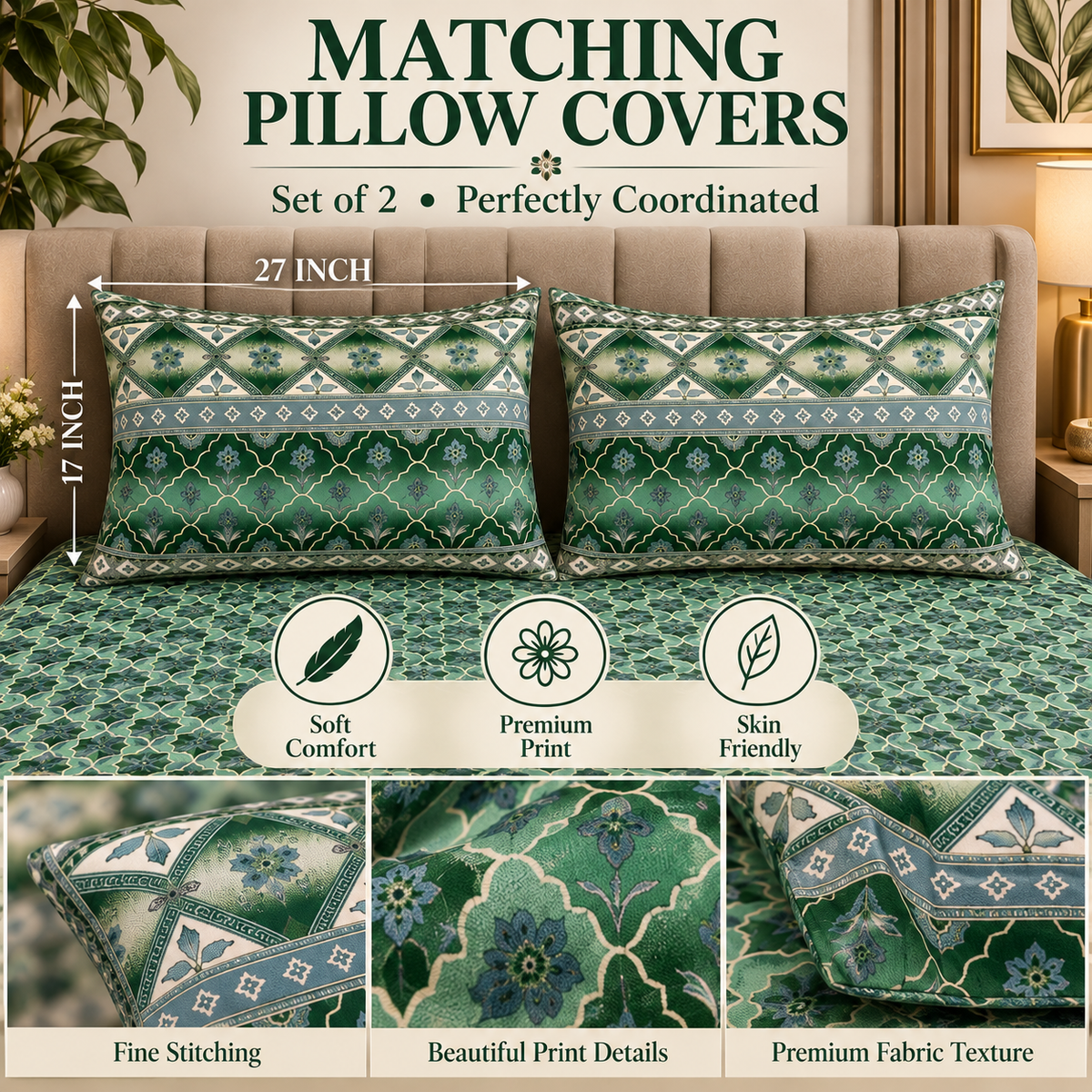 Heavenbirds 300 TC Premium Cotton Bedsheet with 2 Pillow Covers | Ultra Soft & Color Fade Resistant
