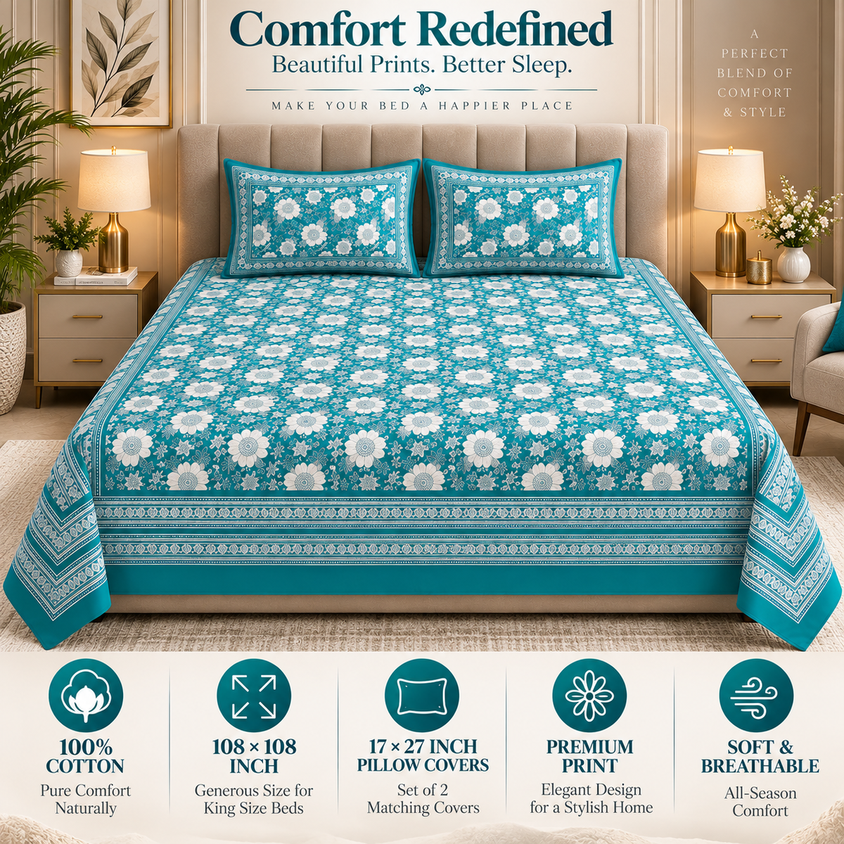 Heavenbirds 300 TC Premium Cotton Bedsheet with 2 Pillow Covers | Ultra Soft & Color Fade Resistant