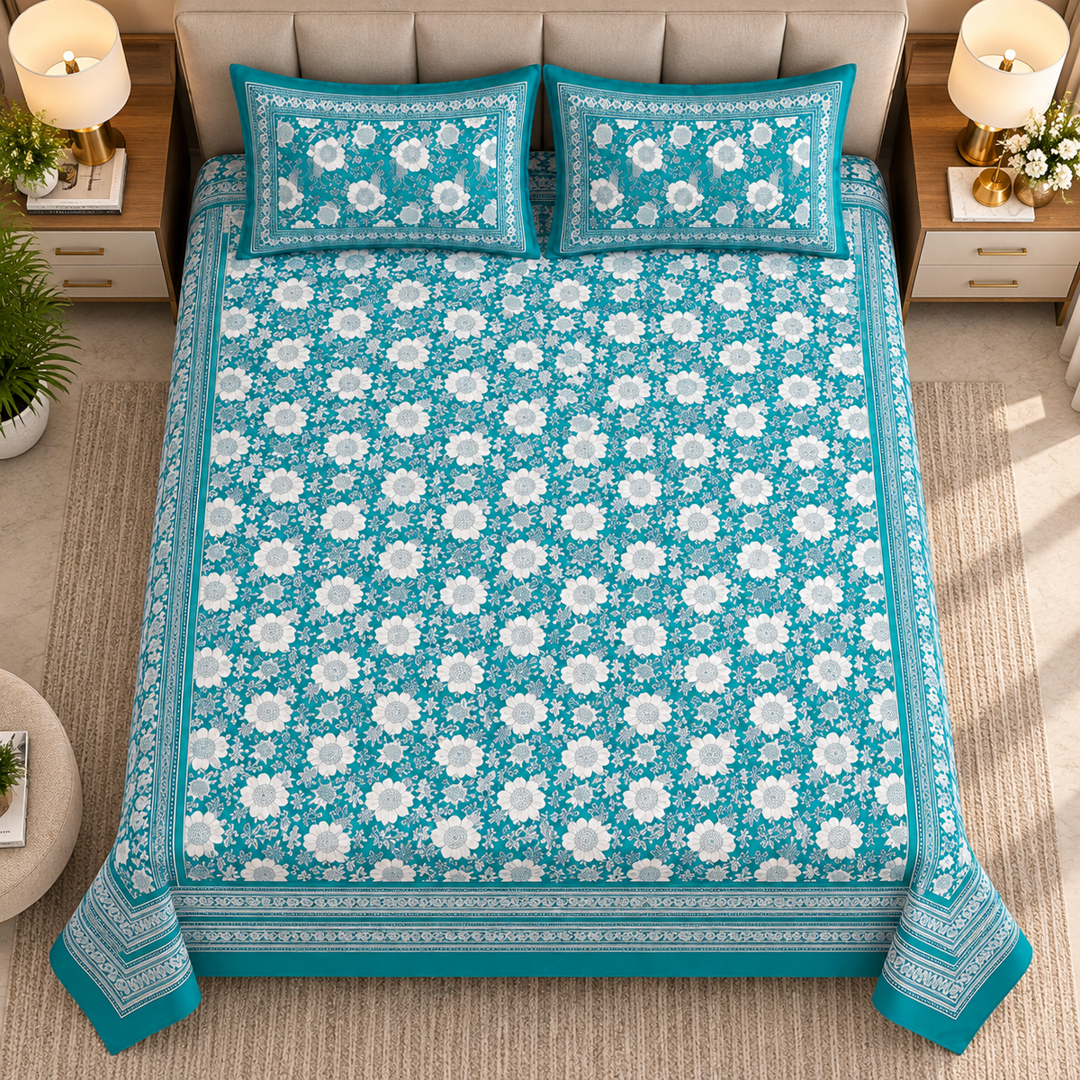Heavenbirds 300 TC Premium Cotton Bedsheet with 2 Pillow Covers | Ultra Soft & Color Fade Resistant
