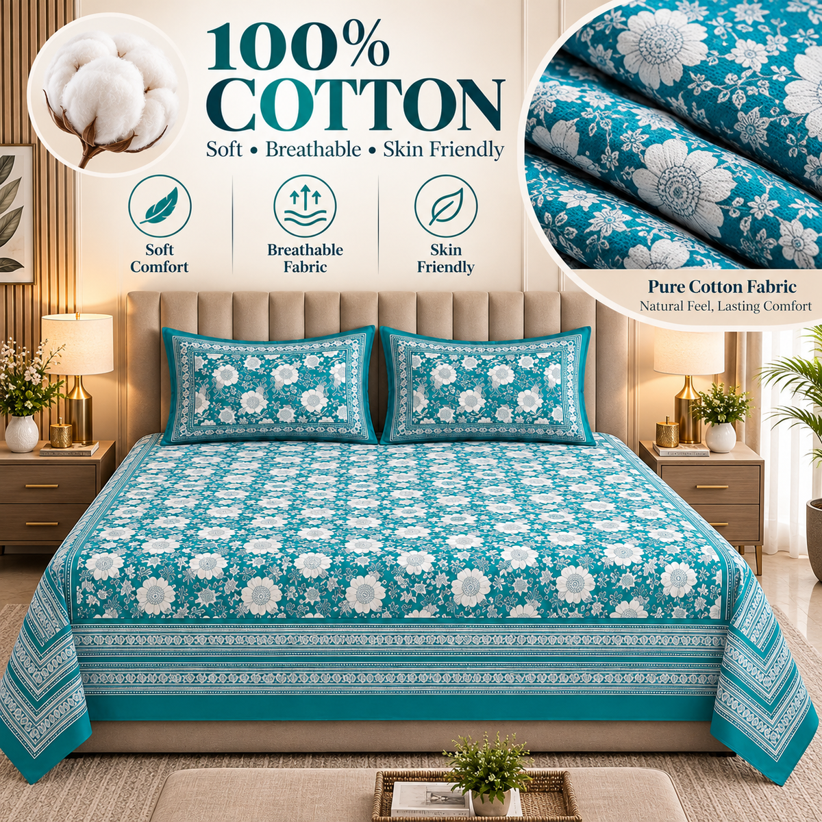 Heavenbirds 300 TC Premium Cotton Bedsheet with 2 Pillow Covers | Ultra Soft & Color Fade Resistant