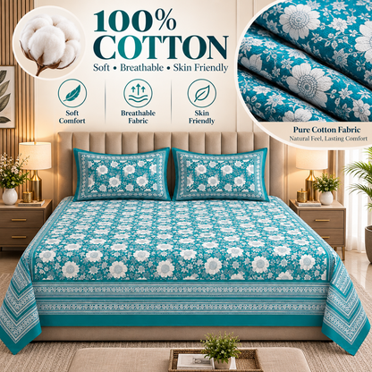 Heavenbirds 300 TC Premium Cotton Bedsheet with 2 Pillow Covers | Ultra Soft & Color Fade Resistant