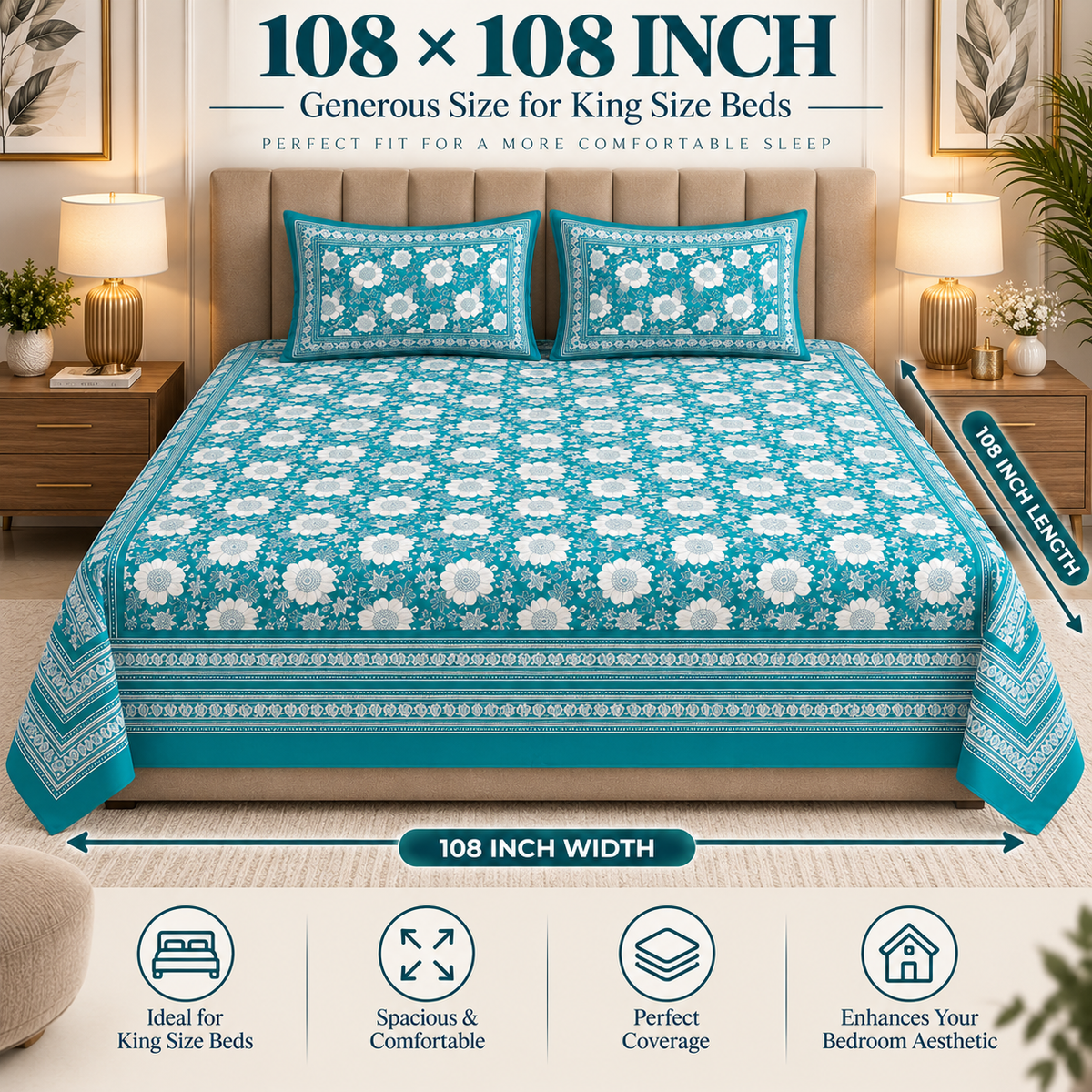 Heavenbirds 300 TC Premium Cotton Bedsheet with 2 Pillow Covers | Ultra Soft & Color Fade Resistant