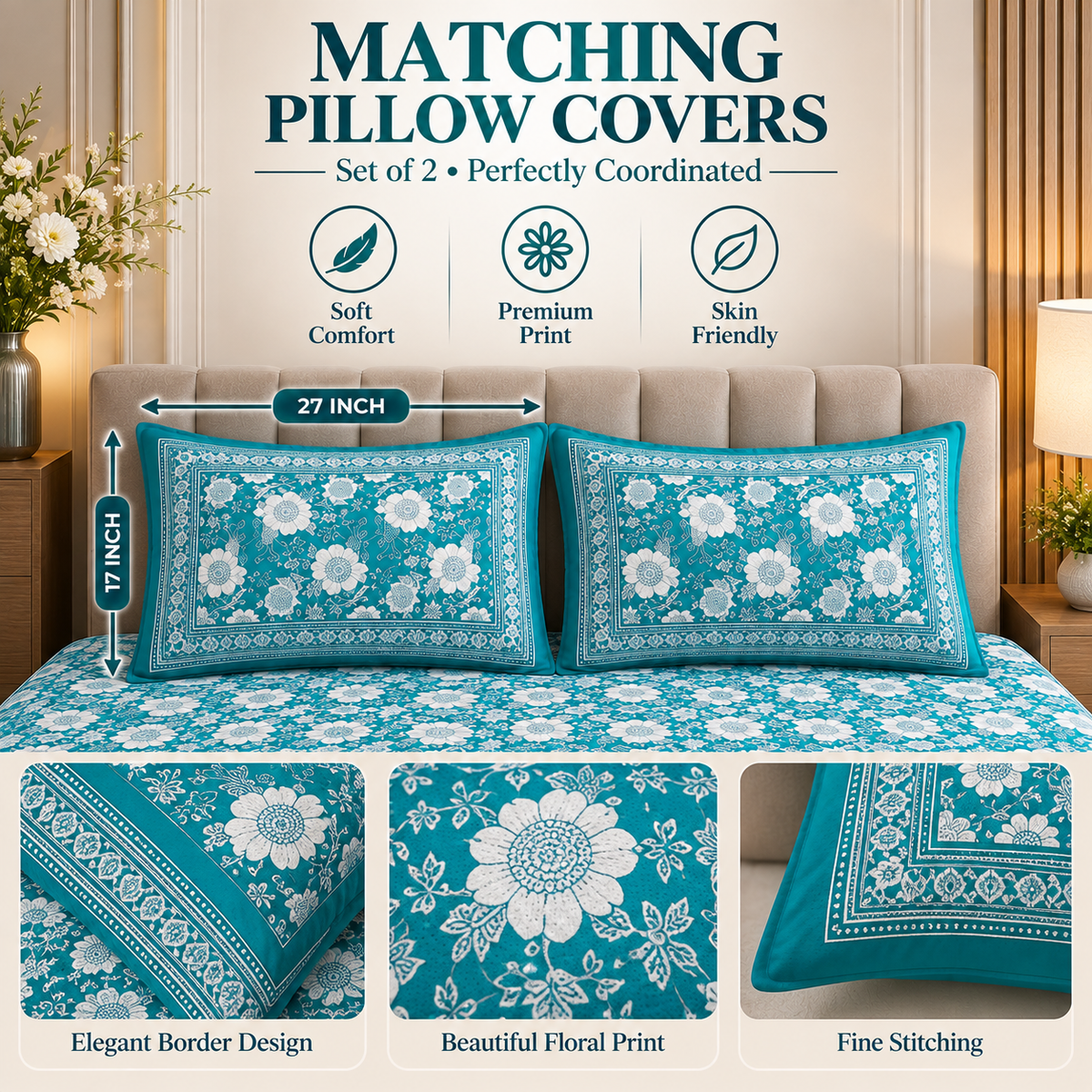 Heavenbirds 300 TC Premium Cotton Bedsheet with 2 Pillow Covers | Ultra Soft & Color Fade Resistant
